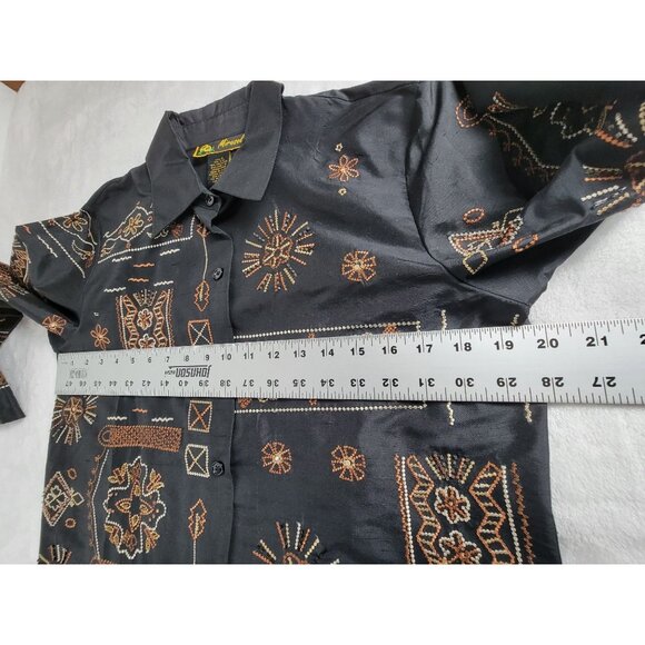 Vintage Mirasol Womens Silk Blend Button-Up Shirt Small Black Tribal Embroidery - Picture 6 of 8
